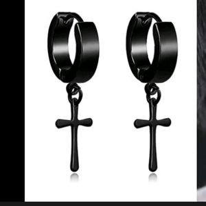 NWT Black Stainless Steel Cross Drop Earrings Stud Unisex Pierced Gothic